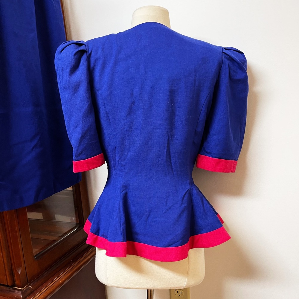 Leslie Lucks Vintage 80s Cobalt Blue Pink Bow Peplum Jacket and Skirt Set Small - Picture 4 of 7